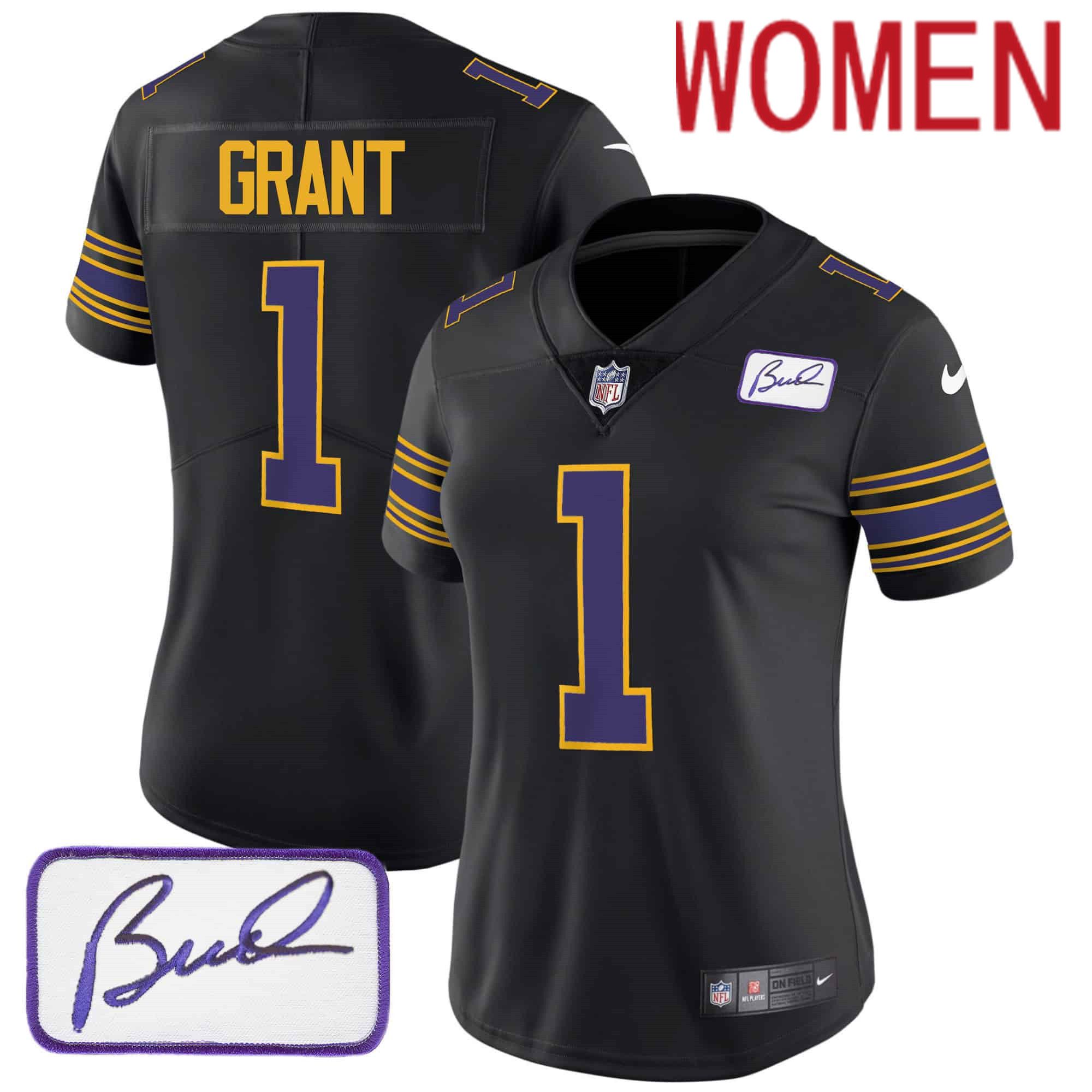 Women Minnesota Vikings #1 Grant Black 2024 Nike Bud Grant Patch Classic Limited NFL Jersey->customized nfl jersey->Custom Jersey